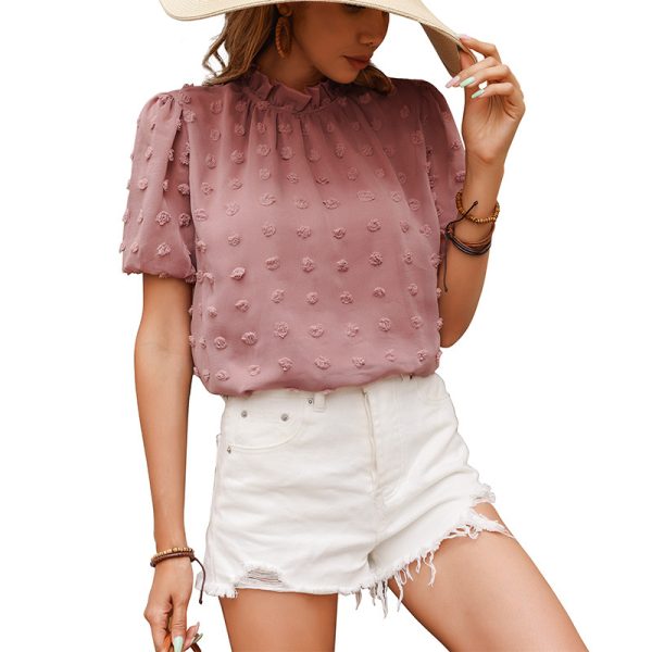 Summer Vacation Casual Jacquard Fur Ball Short-Sleeved Chiffon Shirt