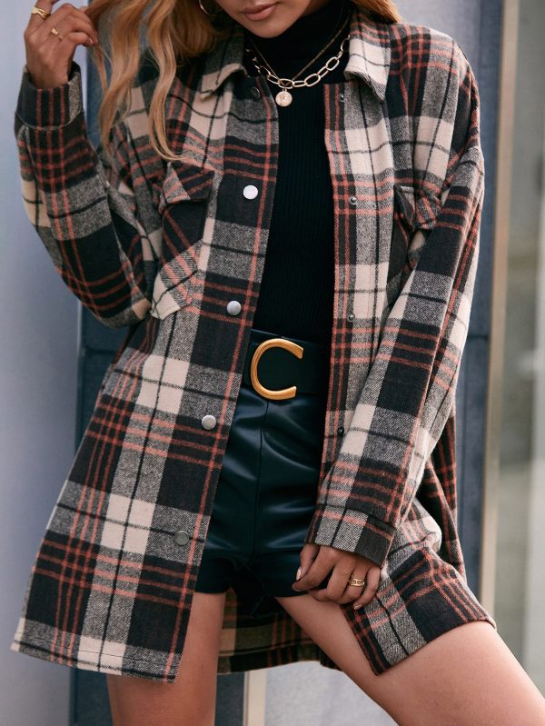 Casual Plaid Single-Breasted Collared Mid-Length Trench Coat Shacket