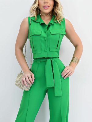 Sleeveless Lace-Up Women's Summer Two-Piece Set with Trousers