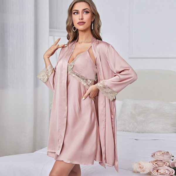 Summer Ice Silk Long Sleeve Pajamas: Sexy Lace Cutout Nightgown Set