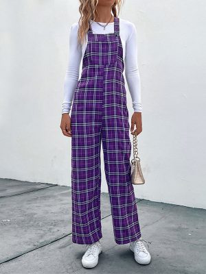 Plaid Spaghetti Straps Women's Casual Jumpsuit with Pants