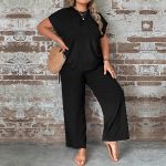 Plus Size Round Neck Loose Casual Short Sleeve T-Shirt & Wide Leg Pants Set