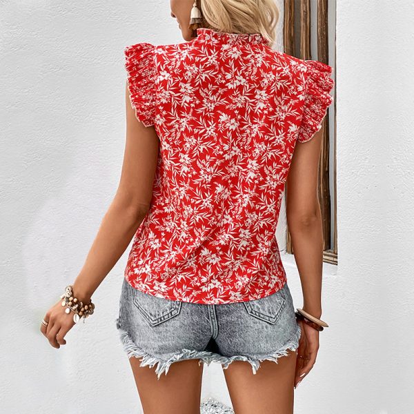 Red Printed Ruffled Short Sleeve Shirt for Women