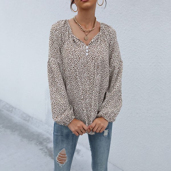 Exotic Leopard Print V-Neck Shirt: Autumn Long Sleeve Drawstring Top