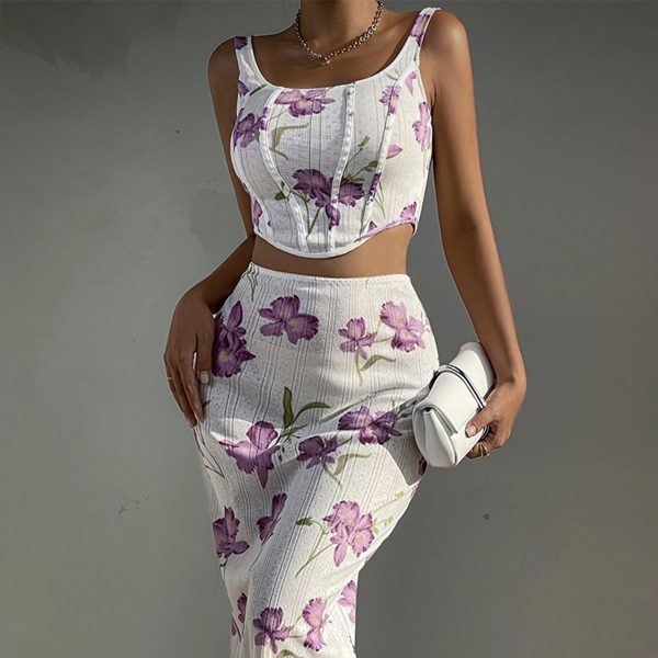 Sexy Floral Print Vest Sheath Skirt Set