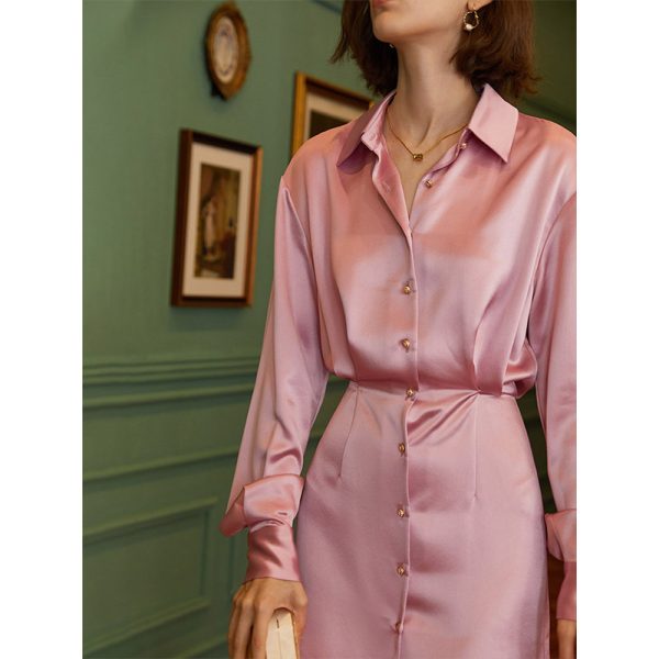 Silk Acetate French Slim Shirt Dress