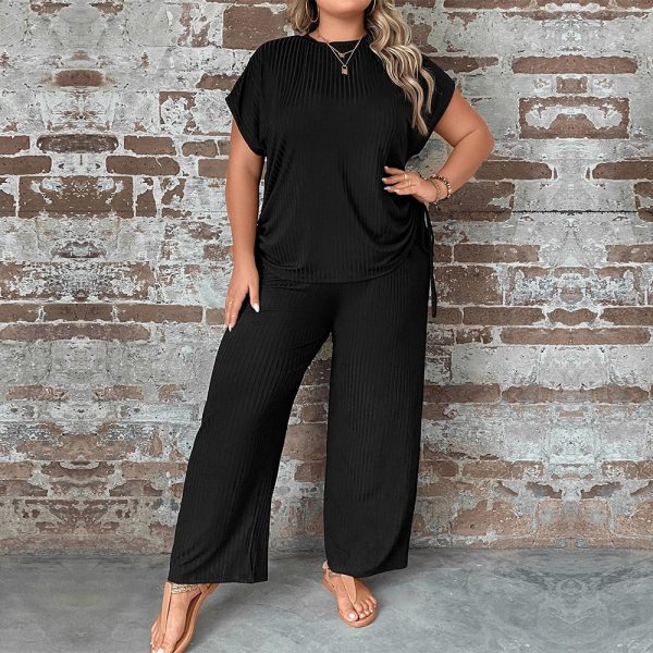 Plus Size Round Neck Loose Casual Short Sleeve T-Shirt & Wide Leg Pants Set