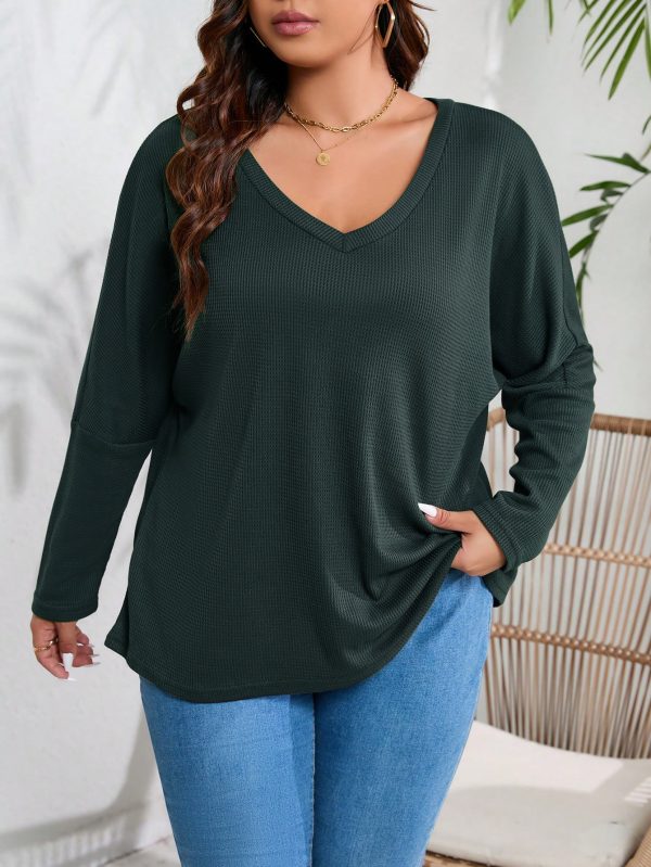 Plus Size Loose Casual V Neck Waffle Long Sleeve T-Shirt