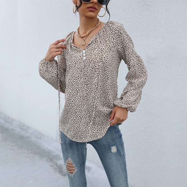 Exotic Leopard Print V-Neck Shirt: Autumn Long Sleeve Drawstring Top