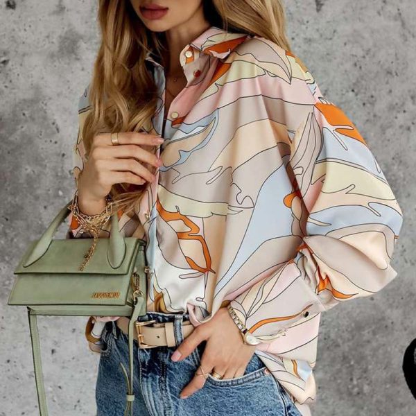 Spring Autumn Loose Print Single-Breasted Lantern Long Sleeve Cardigan Shirt