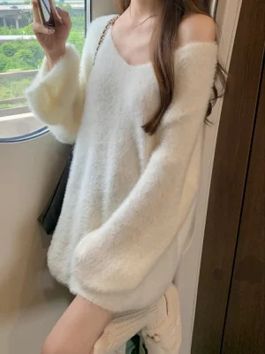 Pure-Color-V-Neck-Knitted-Sweater-Women-Long-Sleeve-Sweet-Elegant-White-Pullover-Female-Korean-Style-1