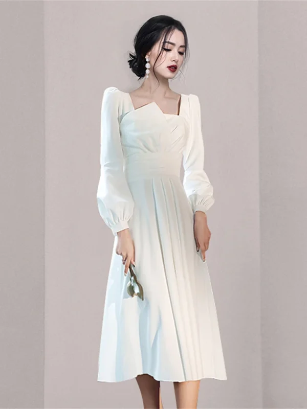 White Eco-Friendly Evening Dress: Elegant, Long Sleeve, A-line Mid