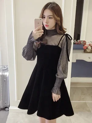 Spring-New-Elegant-Two-Piece-Dress-for-Women-Women-Winter-Korean-A-Line-O-Neck-Tops-1