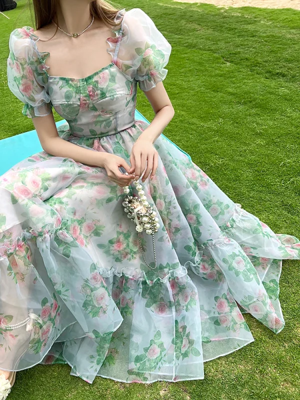 Green Party Floral Midi Maxi Eco Dress