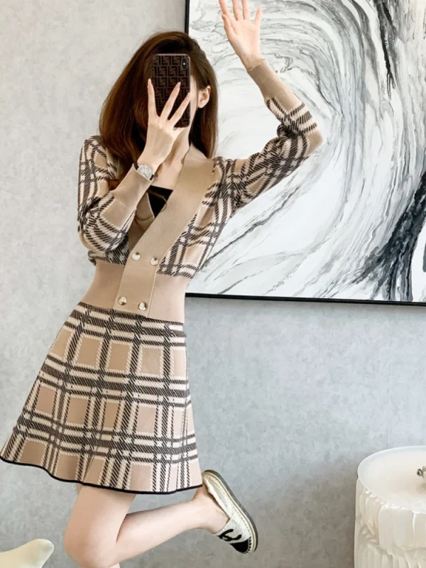 Plaid V-Neck Cardigan & Skirt Set