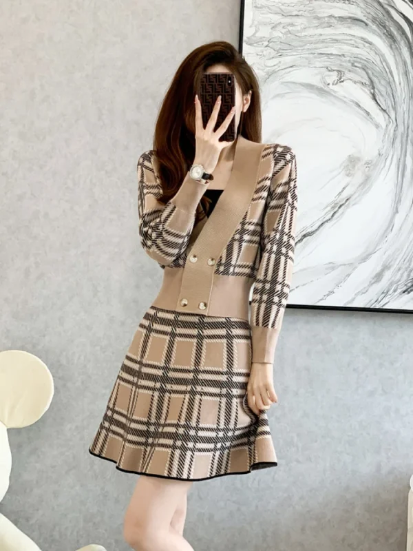 Plaid V-Neck Cardigan & Skirt Set