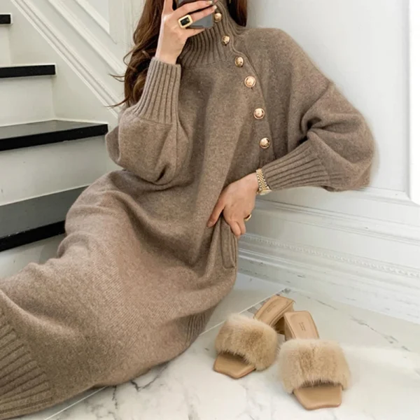 Warm Knit Eco-Dress, Buttons, Thicken