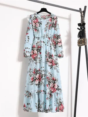 WomenChiffon-Dress-Elegant-Print-Floral-High-Waist-Slim-Long-Sleeved-O-neck-Spring-Long-A-line-1