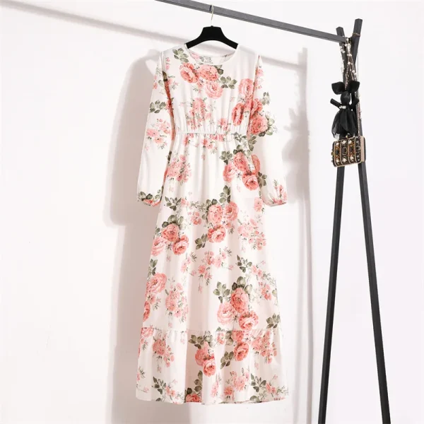 WomenChiffon Dress Elegant Print Floral High Waist Slim Long Sleeved O-neck Spring Long A-line Dresses Vestidos