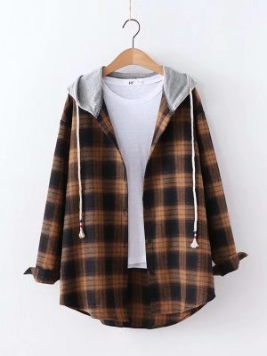 Sweet College Long Sleeve Hooded Large Plaid Shirt Outfit Ideas