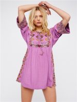 New Embroidered Bohemian Holiday Style BabyDoll Wind Solid Color Loose Dress