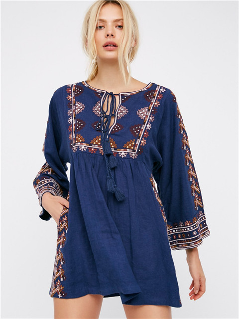 New Embroidered Bohemian Holiday Style BabyDoll Wind Solid Color Loose Dress