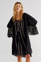 Women Spring and Summer Bohemian Holiday Flower Embroidered Black Cotton Dress