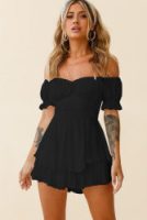 Solid Color Fashion Sexy off Neck Lantern Ruffle Sleeve Casual Summer Women Clothing Short Romper