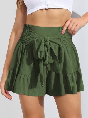 Summer Lace up Ruffled Women Wear Wide Leg Shorts Drape Casual Culottes