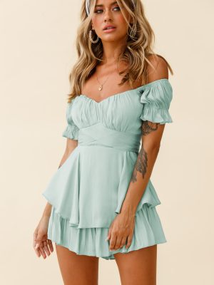 Solid Color Fashion Sexy off Neck Lantern Ruffle Sleeve Casual Summer Women Clothing Short Romper