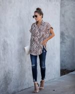 Women Summer Short Sleeved Loose Zebra Print Shirt Outfit Ideas