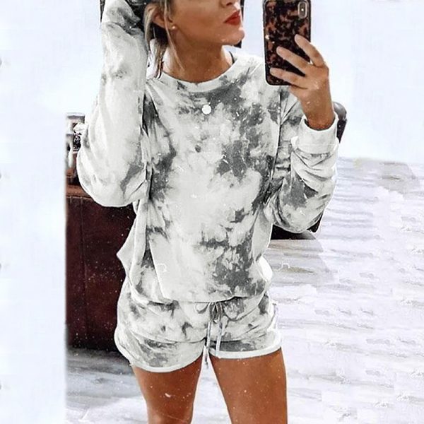 Women Tie-Dyed Printed Long-Sleeved Round Neck Casual Home Set