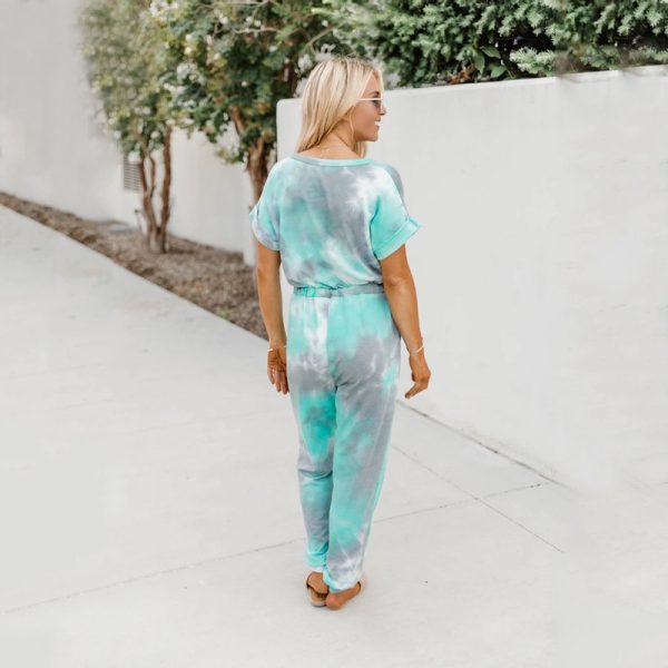 Women Tie-Dyed Printed V-Neck Short-Sleeved Casual Jumpsuit