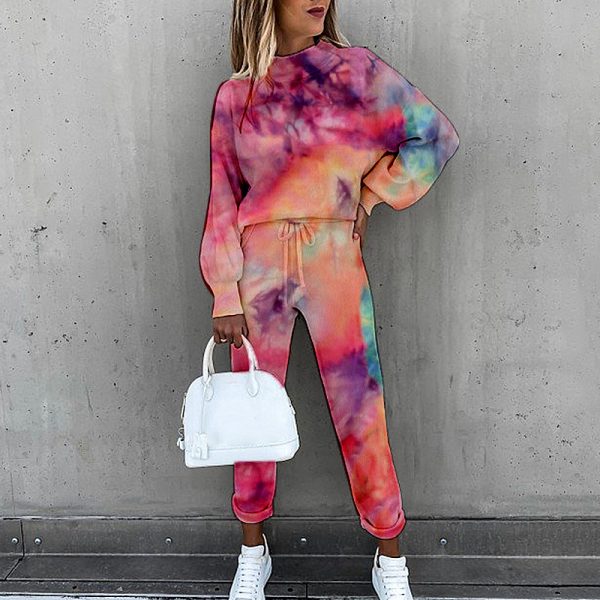Spring New Women Tie-Dyed Print High-Collar Long-Sleeve Fashion Casual Set