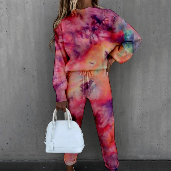 Spring New Women Tie-Dyed Print High-Collar Long-Sleeve Fashion Casual Set
