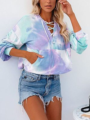 Popular Tie-Dye Printed Long Sleeve Hooded Lace-Up Sweater