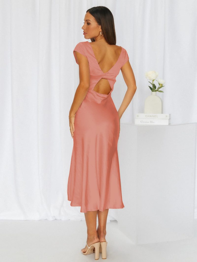 Summer Women High Fork Elegant Dress Sexy Slimming Backless Pure Satin Evening Dress