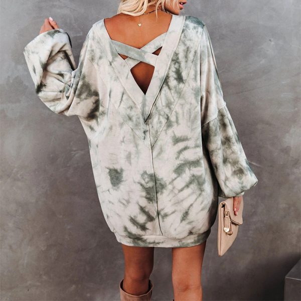 Spring Tie Dye Printed Long-Sleeved V-Neck Loose Casual Sweatshirt for Women