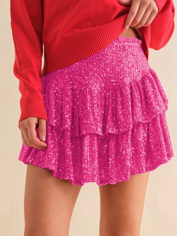 Sexy Sequin Skirt Women Autumn Sexy Skirt Solid Color Pleated Skirt