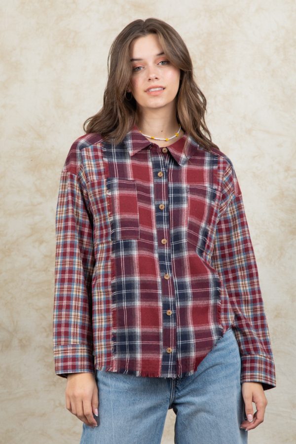 Spring Collared Long Sleeve Thin Plaid Stitching Shacket Outfit Ideas