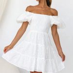 Spring Heavy Embroidery Elastic Dress Puff Sleeve Cinched Short Dress