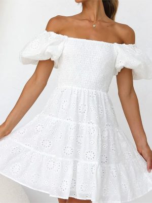 Spring Heavy Embroidery Elastic Dress Puff Sleeve Cinched Short Dress
