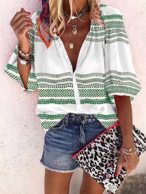 Women Bohemian Striped Printed Fashionable Shirt Women Top Outfit Ideas