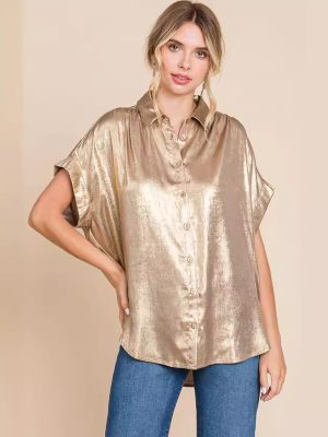 Shirt Top Bronzing Single Breasted Short Sleeve Loose Shirt Outfit Ideas