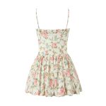 Printed Dress for Women V neck Front Pleated Lace up Slim Fit High Waist Ruched Puffy Princess