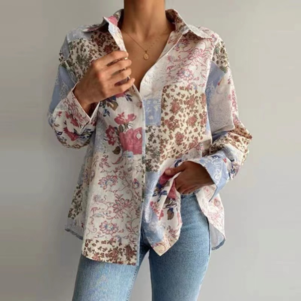 Women's Long Sleeved Printed Floral Loose Shirt