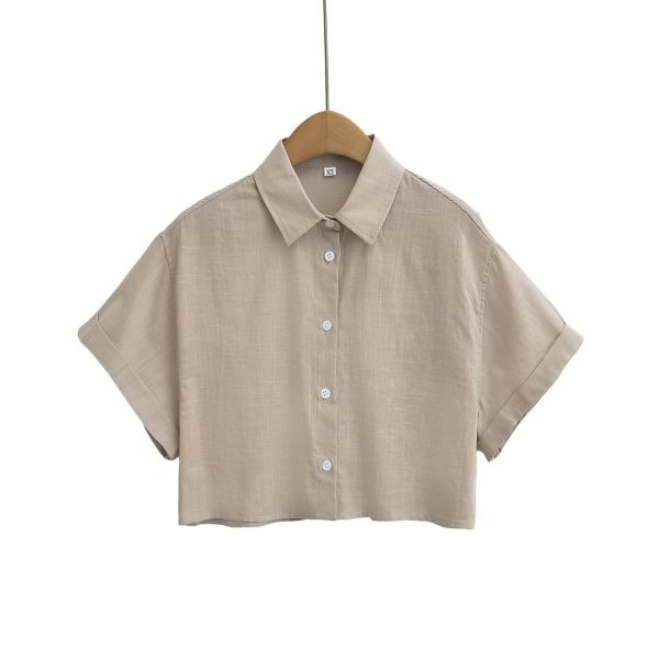 Women's Solid Color Polo Collar Single Breasted Short Sleeve Linen Shirt