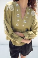 Women's Contrast Color Embroidery Long Upper Outer Garment