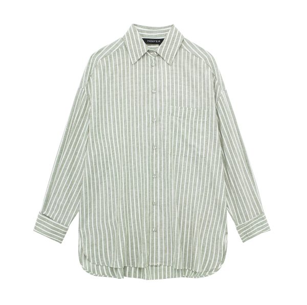 Women's French Striped Loose Casual Linen Blended Long Sleeve Shirt