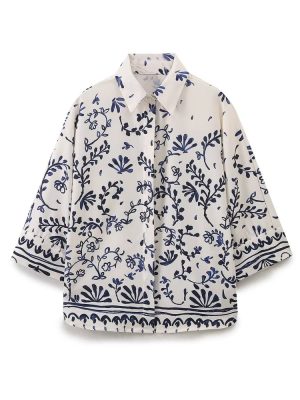 Women's French Printed Kimono Long Sleeve Casual Shirt